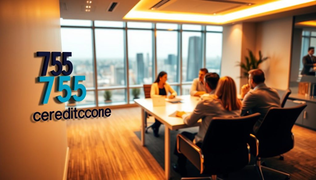 A professional credit restoration company office with warm lighting, sleek modern furniture, and an expansive window overlooking a cityscape. In the foreground, a 755creditscore logo is prominently displayed on the wall, conveying the company's expertise. Clients are seated at a long conference table, engaged in discussion with the company representatives. The atmosphere is one of professionalism, trust, and a shared goal of improving financial well-being. The lighting casts a subtle glow, creating a sense of approachability and reliability. This image captures the essence of a reputable credit restoration service, positioned to assist individuals in regaining financial control.