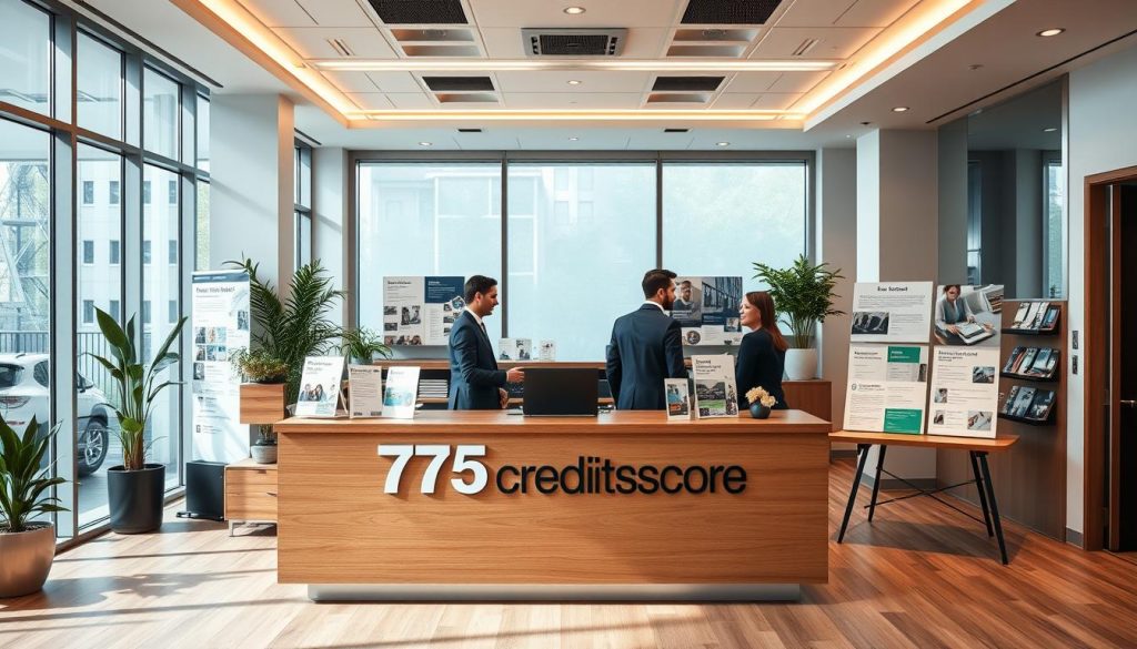A sleek, modern office space with a warm, inviting atmosphere. The foreground features a reception desk with the "755creditscore" logo prominently displayed. Behind the desk, a team of professional credit experts is assisting clients, offering guidance and solutions. The middle ground showcases various informational materials and brochures, highlighting the company's services and success stories. In the background, large windows flood the space with natural light, creating a sense of transparency and trustworthiness. The overall mood is one of confidence, expertise, and a commitment to helping individuals achieve their financial goals.