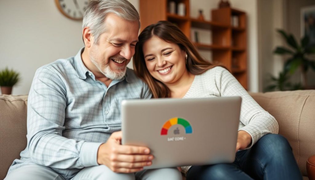 Happy couple reviewing their improved credit score on IdentityIQ dashboard